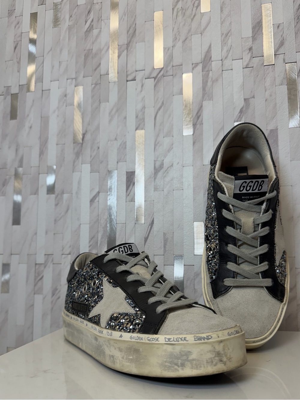 ⭐️Golden Goose Women’s Blue Black Glitter Hi Star Sneakers Size 36EU/6US
